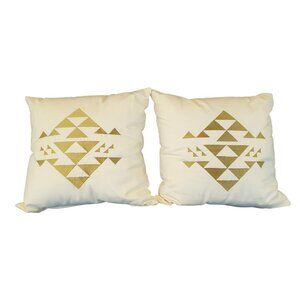 Nate Berkus Pair Set 2 Gold Aztec Geometric Throw Pillows 16"x16" Ivory Cotton